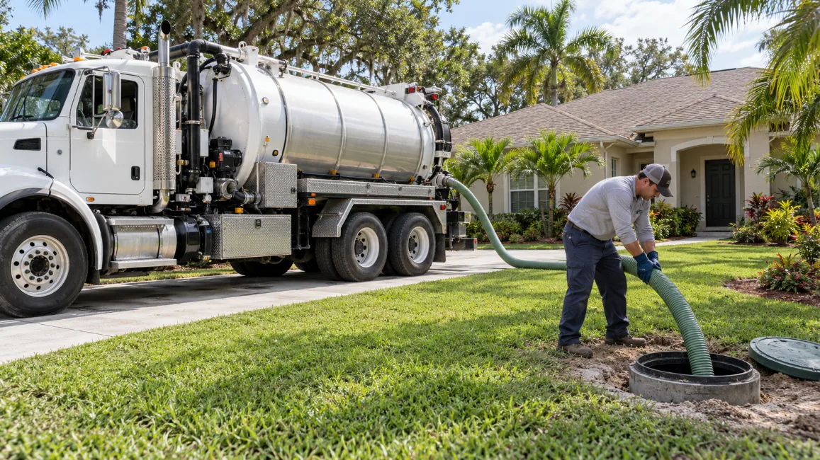Illustration of a septic pumping truck at a residential property